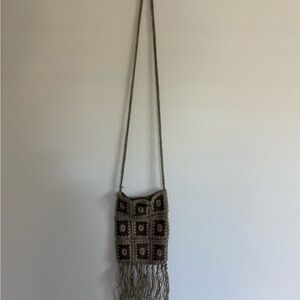 Bohemian Crochet Crossbody Fringe Bag - Brown and Cream